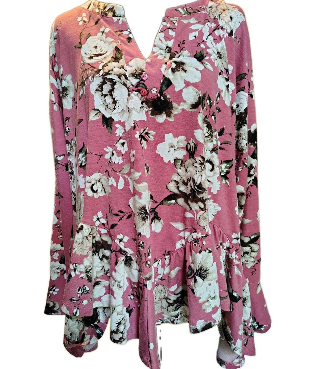 Absolutely Famous Floral Peplum Top XL Pink Rose Notch V-Neck Bell Sleeve Tunic